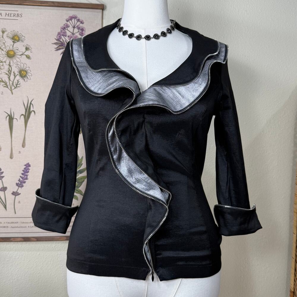 Vintage 90s Y2k Joseph Ribkoff Zipper Trim Collared Ruffle Jacket Art to Wear 8